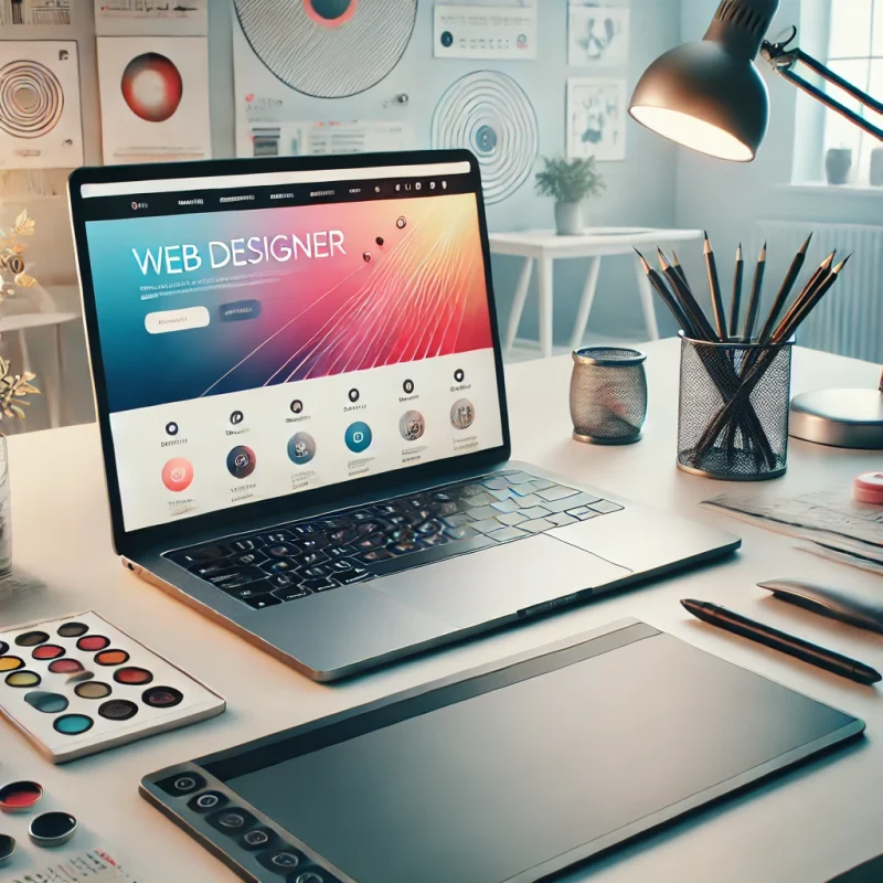 DALL·E 2024-12-12 13.39.39 - A professional and visually appealing image showcasing a web designer's workspace. The workspace includes a sleek modern laptop displaying a vibrant w